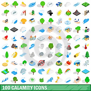 100 calamity icons set, isometric 3d style