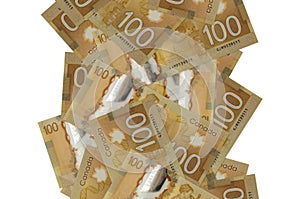 100 Canadian dollars bills flying down isolated on white. Many banknotes falling with white copyspace on left and right side