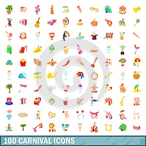 100 carnival icons set, cartoon style