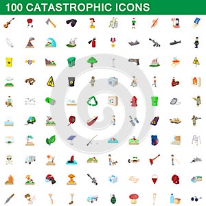 100 catastrophic icons set, cartoon style