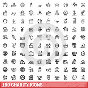 100 charity icons set, outline style