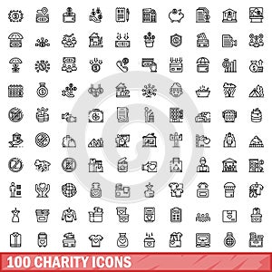 100 charity icons set, outline style