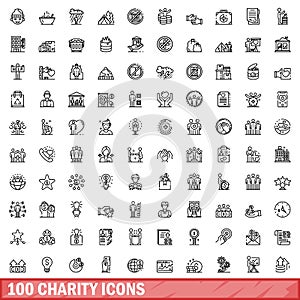 100 charity icons set, outline style