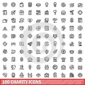 100 charity icons set, outline style