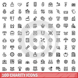 100 charity icons set, outline style