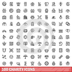 100 charity icons set, outline style