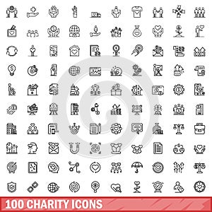 100 charity icons set, outline style