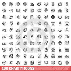 100 charity icons set, outline style