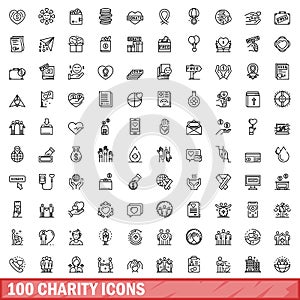 100 charity icons set, outline style