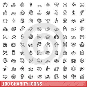 100 charity icons set, outline style