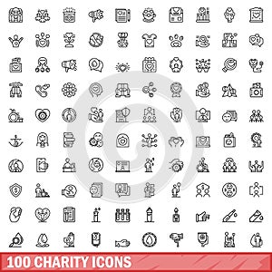 100 charity icons set, outline style