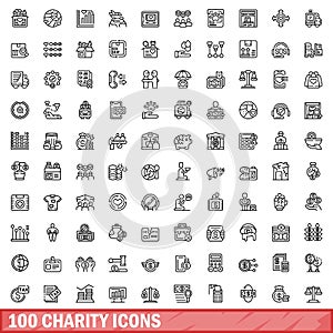 100 charity icons set, outline style