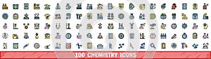 100 chemistry icons set, color line style