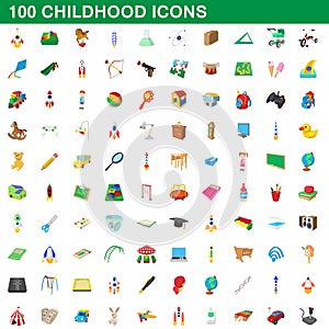 100 childhood icons set, cartoon style