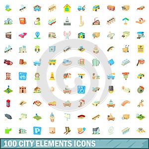 100 city elements icons set, cartoon style