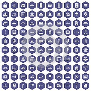 100 city icons hexagon purple