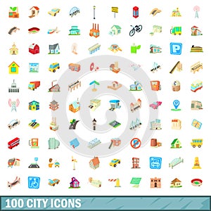 100 city icons set, cartoon style