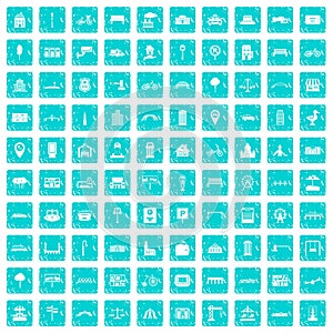100 city icons set grunge blue