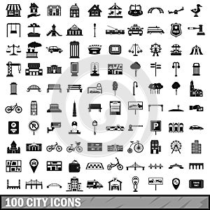 100 city icons set in simple style