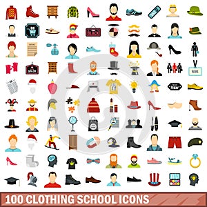 100 clothing school icons set, flat style