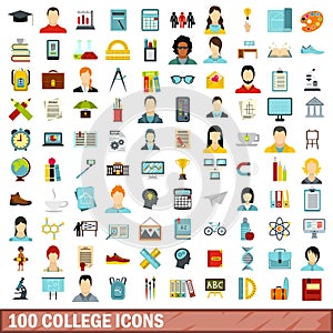 100 college icons set, flat style