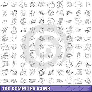 100 computer icons set, outline style