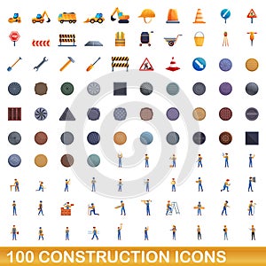 100 construction icons set, cartoon style