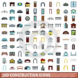 100 construction icons set, flat style