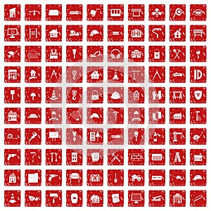 100 construction icons set grunge red