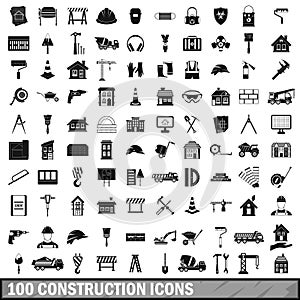 100 construction icons set in simple style