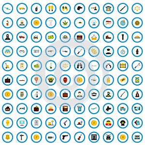 100 contraband icons set, flat style