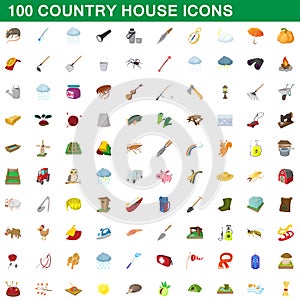 100 country house icons set, cartoon style