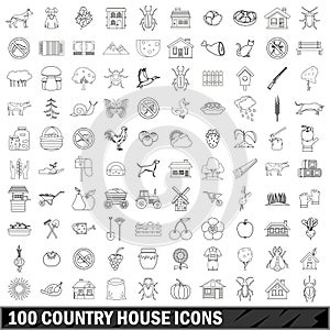 100 country house icons set, outline style