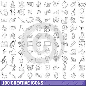 100 creative icons set, outline style