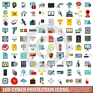100 cyber protection icons set, flat style