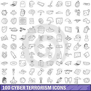 100 cyber terrorism icons set, outline style