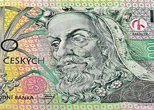 100 Czech crowns banknote closeup with Karl IV portrait