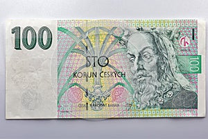 100 Czech crowns banknote closeup with Karl IV portrait