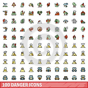 100 danger icons set, color line style