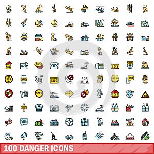 100 danger icons set, color line style