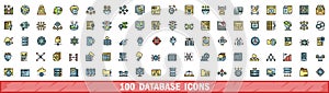 100 database icons set, color line style