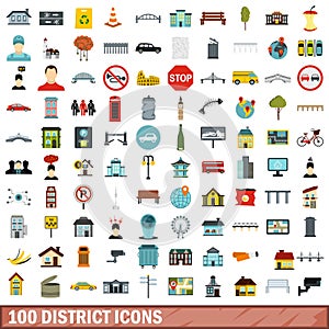 100 district icons set, flat style