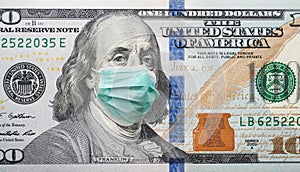 100 dollar banknote with face mask