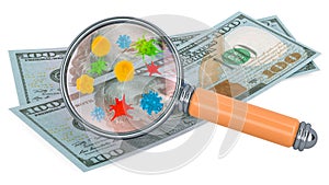 100 dollar banknotes with germs and bacterias under magnifying glass. 3D rendering