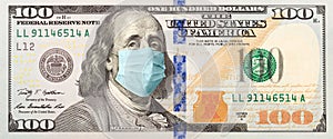 100 Dollar Bill With Concerned Expression Wearing Medical Face Mask