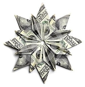 A 100 dollar bill in the shape of a snowflake on a white background