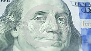 100 dollar bill US currency, franklin in blur, zoom in and out