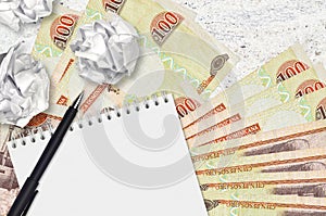 100 Dominican peso bills and balls of crumpled paper with blank notepad. Bad ideas or less of inspiration concept. Searching ideas