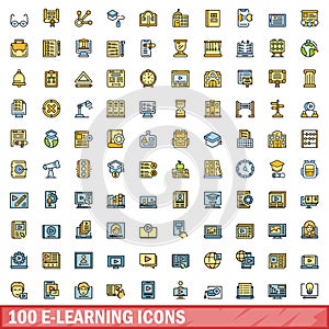 100 e-learning icons set, color line style