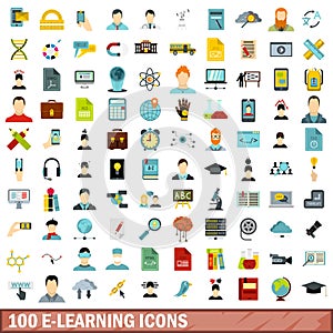100 e-learning icons set, flat style